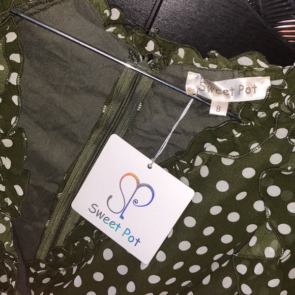 Army green and white polka dot long sleeve dress - Picture 2 of 7